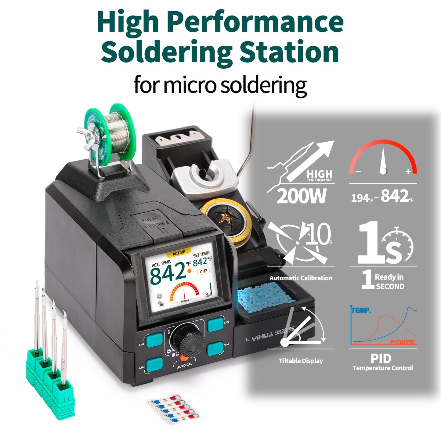 YIHUA 982D SE 200W Micro Soldering Kit with Precision Soldering Iron Station with 4 Soldering Tips, Lead-Free Solder, Auto Temperature Calibration Function