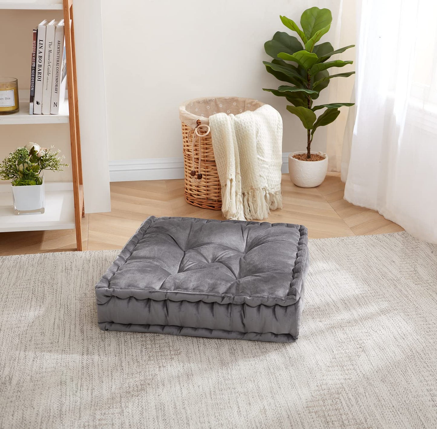 Sweet Home Collection Floor Pillow Large Square Tufted Decorative Cushion. Faux Velvet Fabric Ultra Thick Fill for Kids and Adults, Gray (Pack of 1, 2 Count)