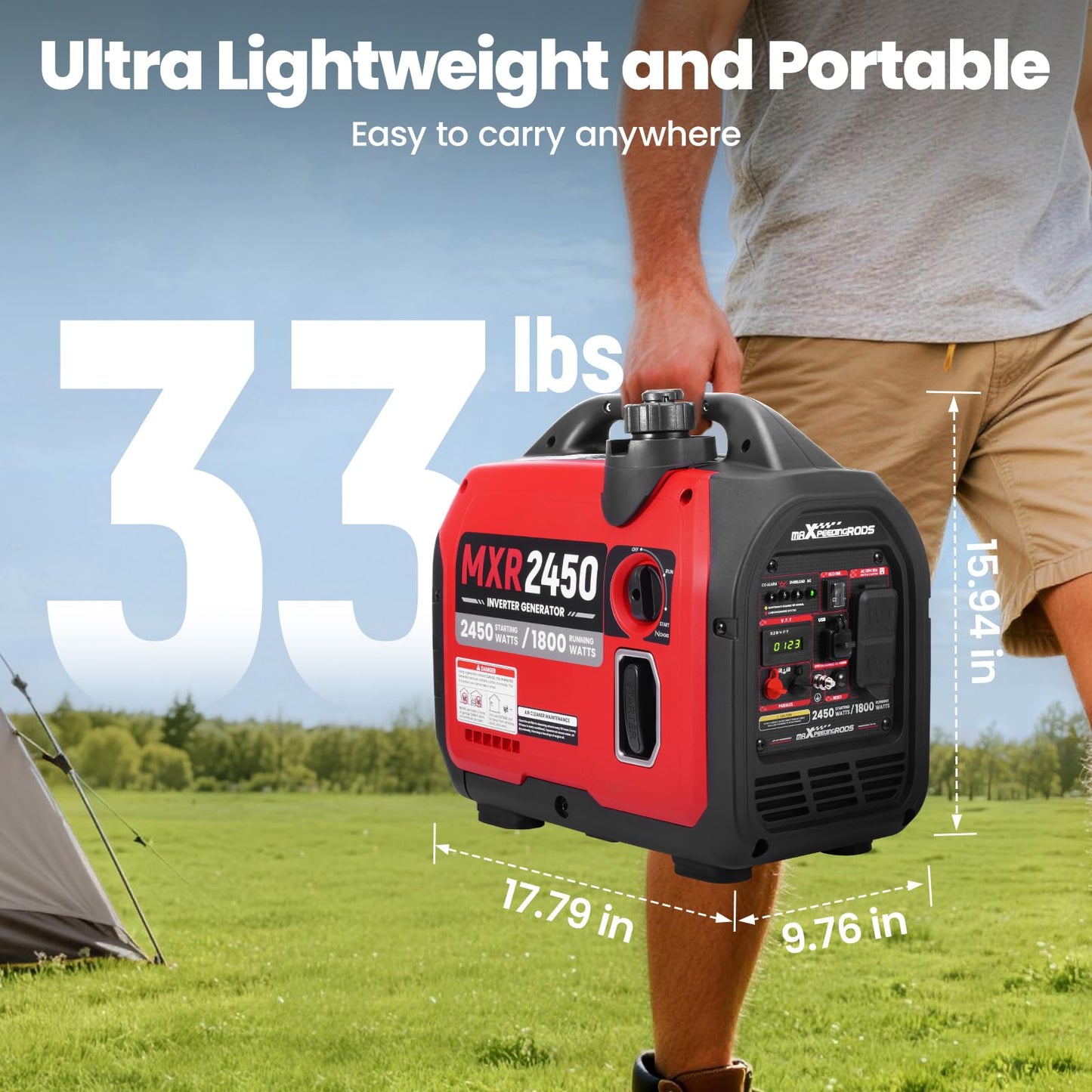 maXpeedingrods 2450 Watt Portable Inverter Generator, MXR2450 Quiet Gas Powered Generator for Camping, RV Ready, Home, Lightweight & Compact, 17kg