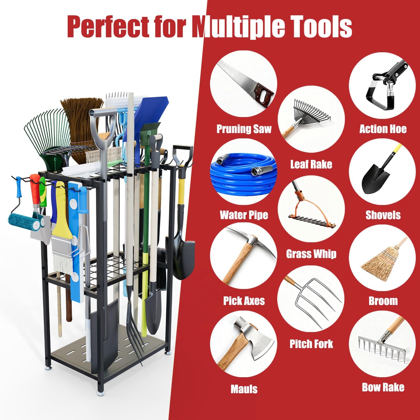 Faesun Garden Tool Organizer, 3-Tier Metal Yard Tool Rack with 14 Hooks & 5 Slots, Holds 50+ Rakes/Shovels/Brooms, Heavy Duty Freestanding Lawn Tool Storage for Garage Shed Outdoor Organization