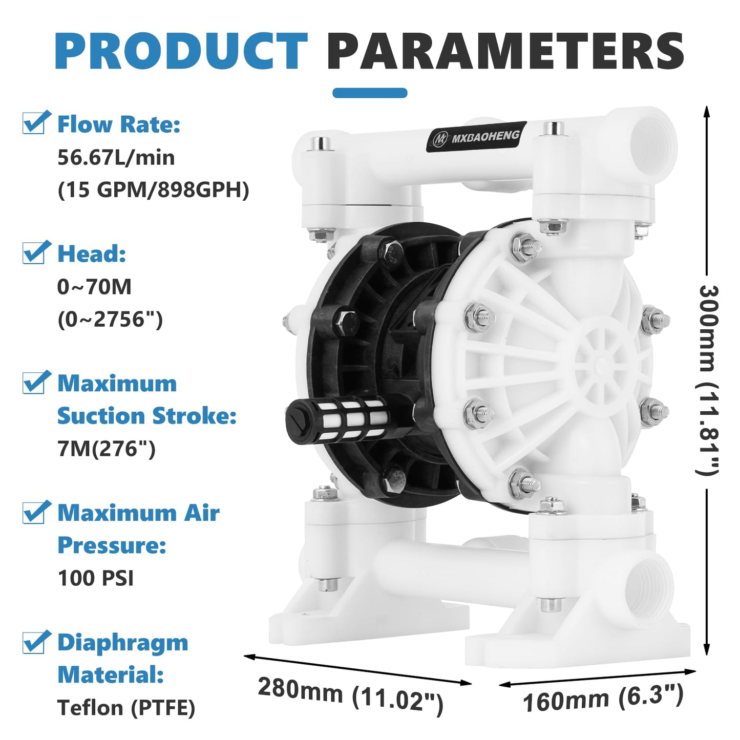 MXBAOHENG 15GPM Air Operated Double PTFE Diaphragm Pump, 100PSI Air Driven Diaphragm Pump, 898GPH Polypropylene Pneumatic Dual Diaphram Pump, for Waste Oil, Chemicals (56.67L/min)