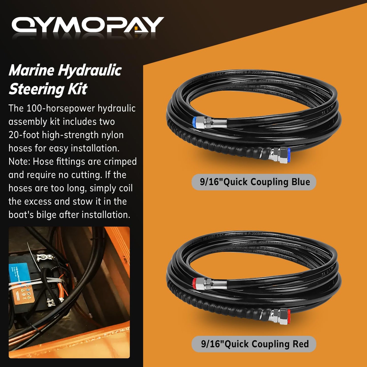 QYMOPAY 150HP Hydraulic Outboard Steering Kit, Marine Hydraulic Steering System with Bi-Directional Locking Cylinders and 24 ft High Strength Nylon Hose, Single Station, Single Engine Use