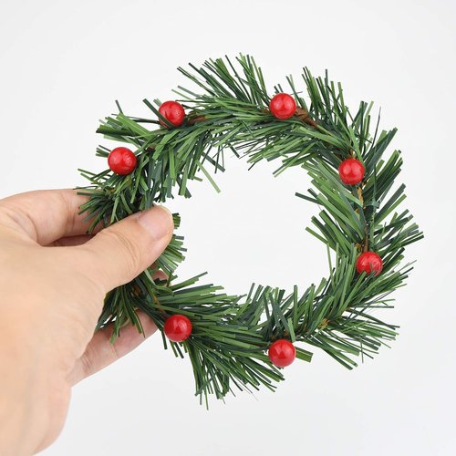 Lystaii Christmas Candle Rings - 10pcs Red Artificial Berry & Grass Mini Wreaths for Holiday Decor | Medium Size