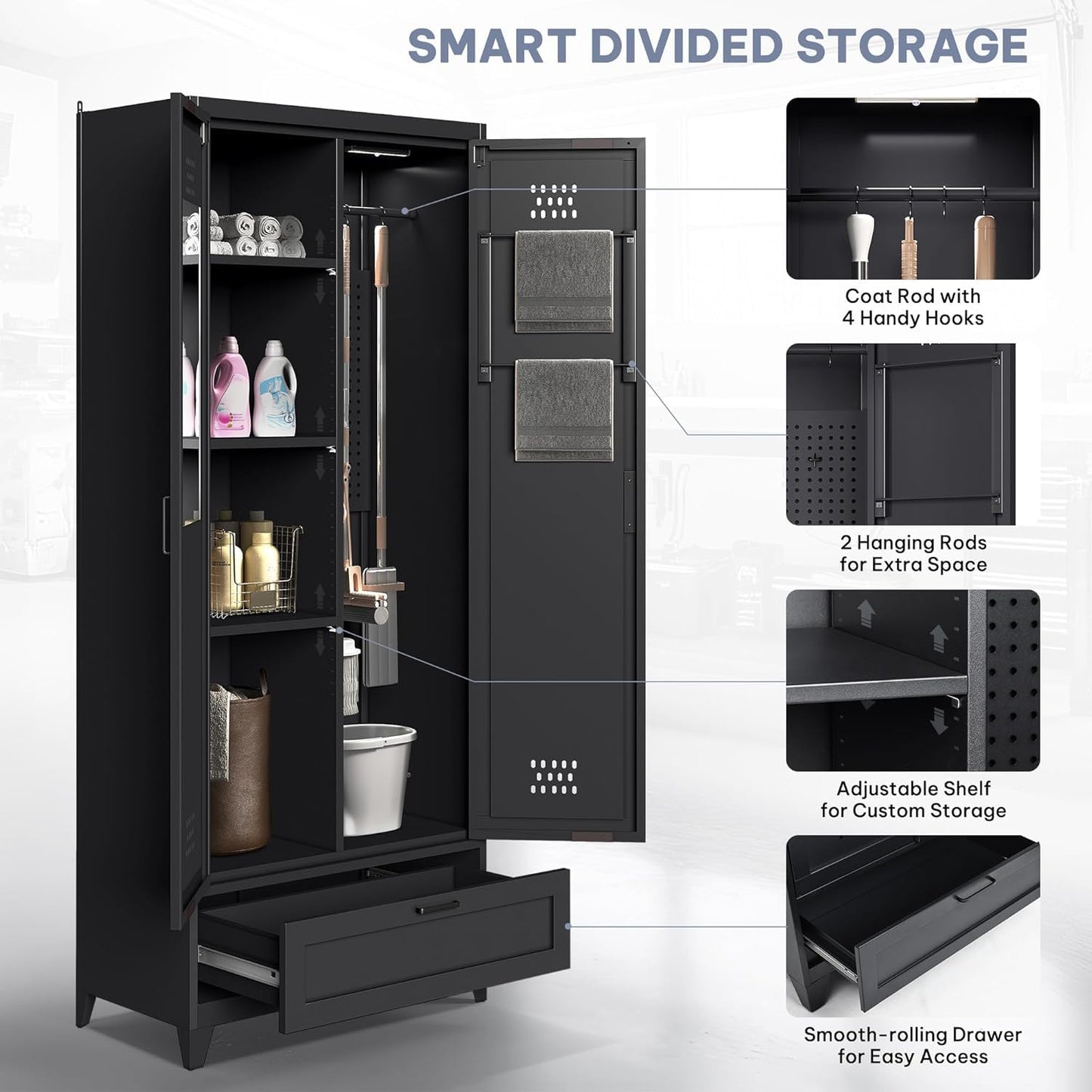 YITAHOME 71" Metal Garage Broom Cabinets with Adjustable Shelves, Vacuum Storage Cabinet with Doors and Drawer, Tool Storage Cabinet for Gym, Basement, Warehouse, Black, Metal