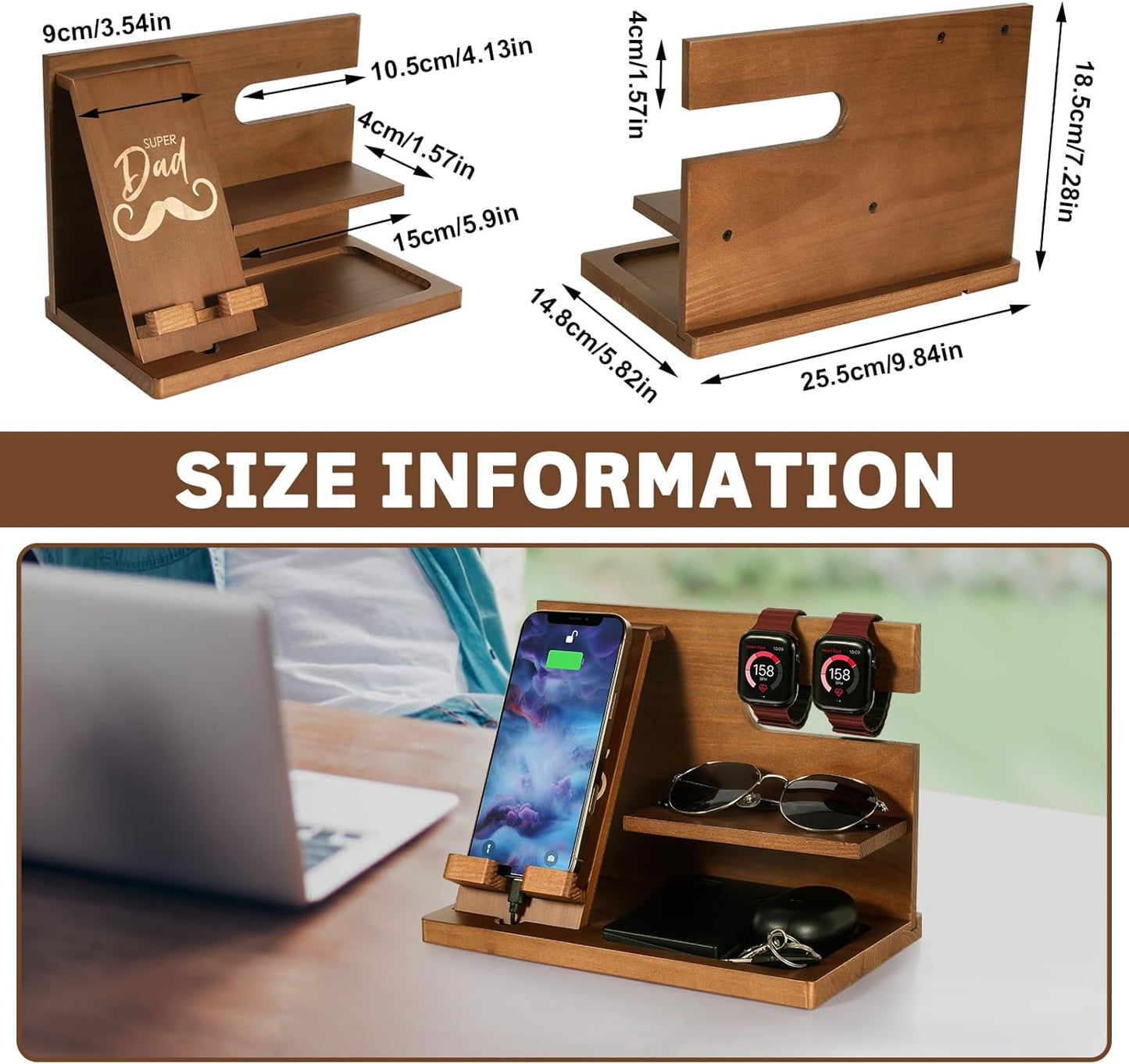 AliveByte Fathers Day for Dad, Dad Birthday Gifts, Wood Phone Docking Station, Nightstand Organizer, Gifts for Dad