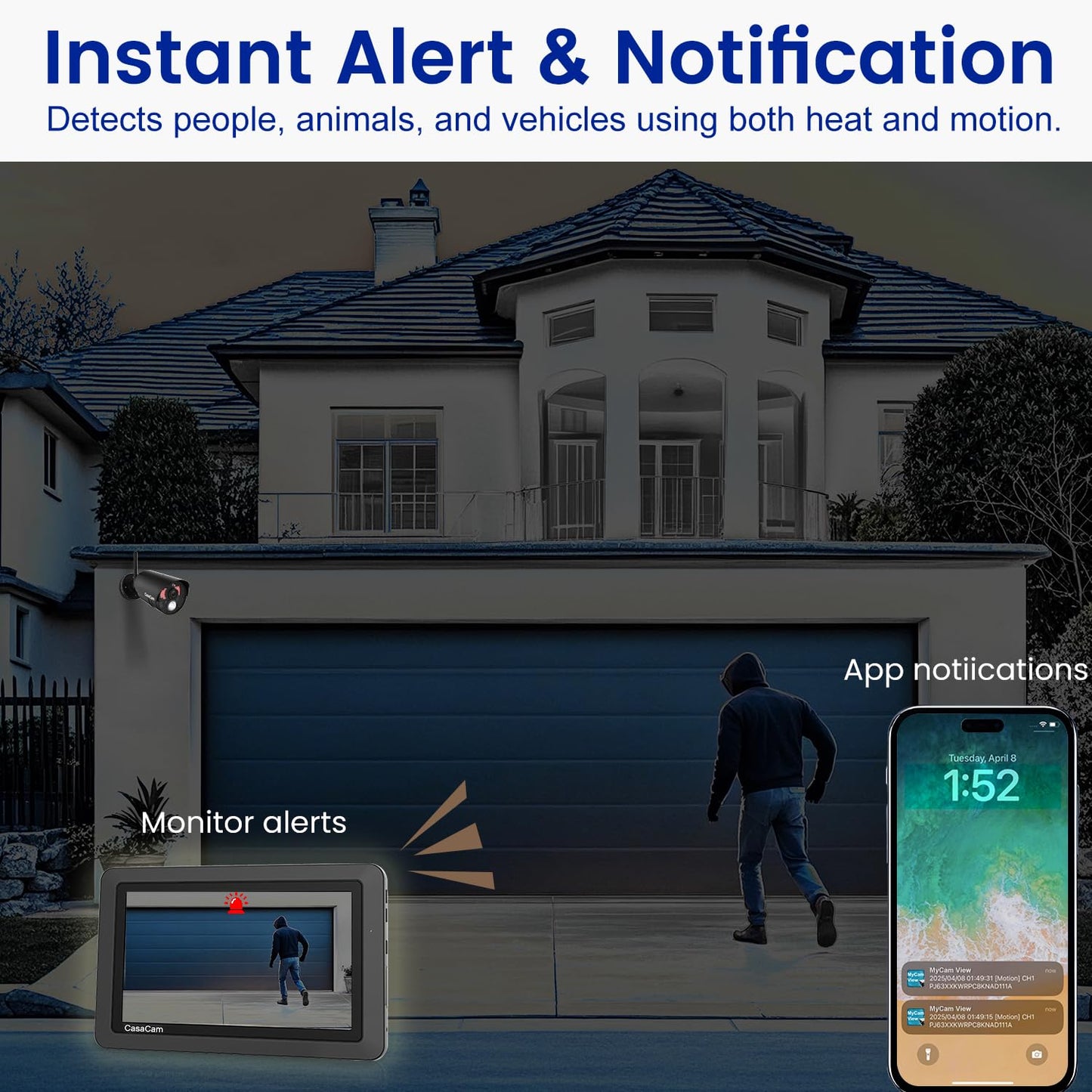CasaCam Wireless Security Camera System Air | 7" Touchscreen Monitor and 2 720p Cameras | AC Powered, No Monthly Fees, Two-Way Audio, Free APP, Micro SD Card and Battery Installed, Model VS802