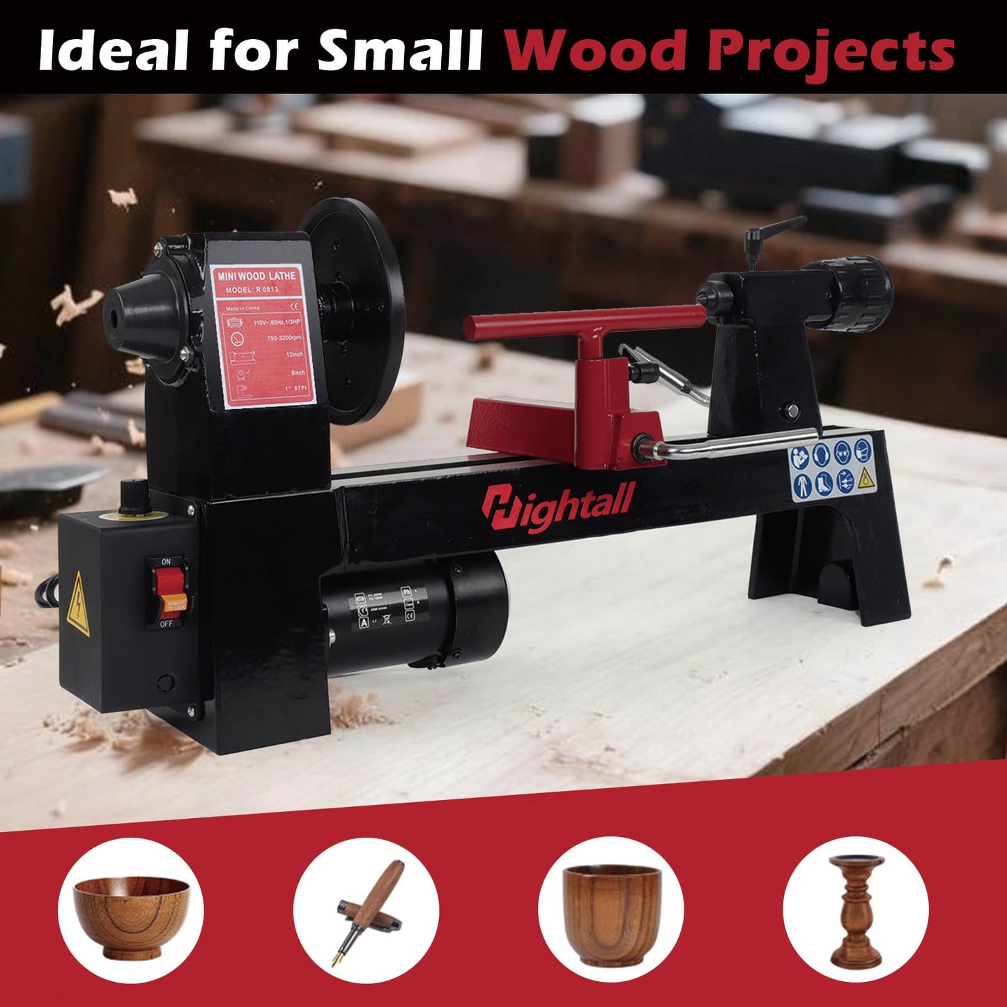 Wood Lathe Machine, 8x 12 inch Benchtop Wood Lathe,1/3 HP Infinitely Variable Speed 750-3200 RPM,for Woodworking, Woodturning