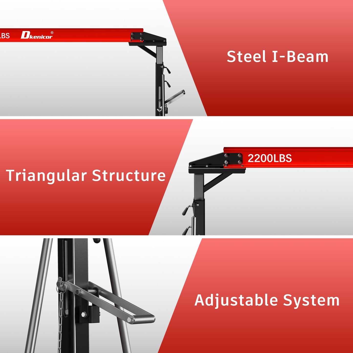 Dkenicor Adjustable Gantry Crane, Max 3000Lbs Adjustable Height 8.57 to 12.14ft, Steel I-Beam Construction Portable Shop Hoist for Factories, Warehouses, Auto Repair, Construction Site, Red