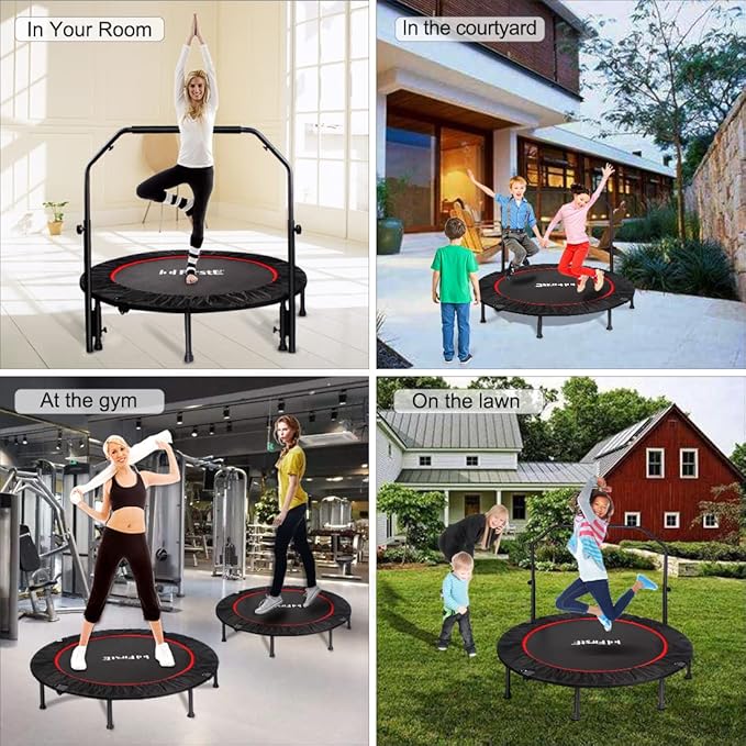 FirstE Mini Fitness Trampoline for Adults, Foldable Exercise Trampoline with Adjustable Foam Handle, Rebounder Trampoline for Bounce Workout Indoor/Garden