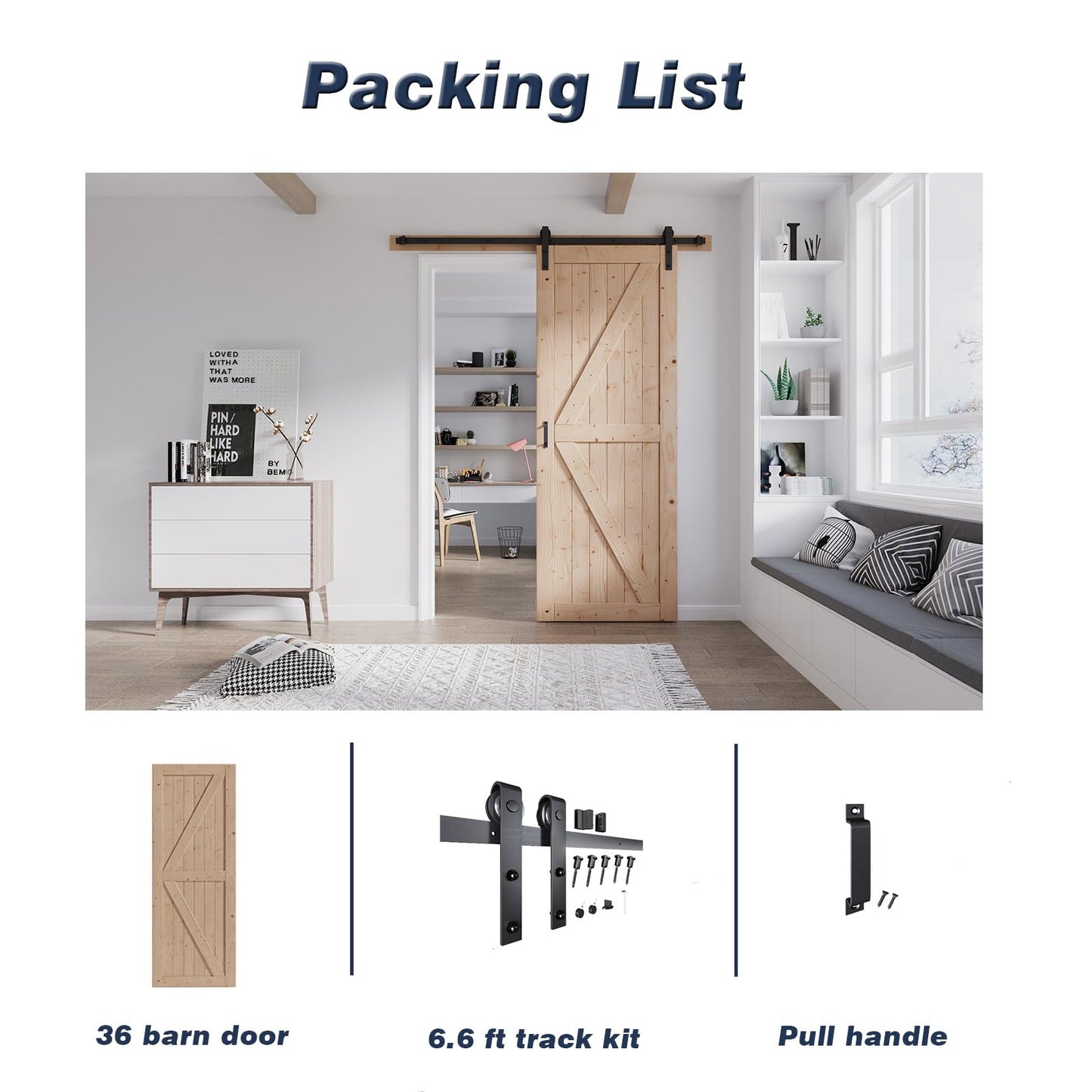 FREDBECK 36in x 96in Wood Sliding Barn Door with 6.6FT Barn Door Hardware Kit Included K Shape Solid Spruce Panel Sliding Door Double Surfaces Need to Assembly