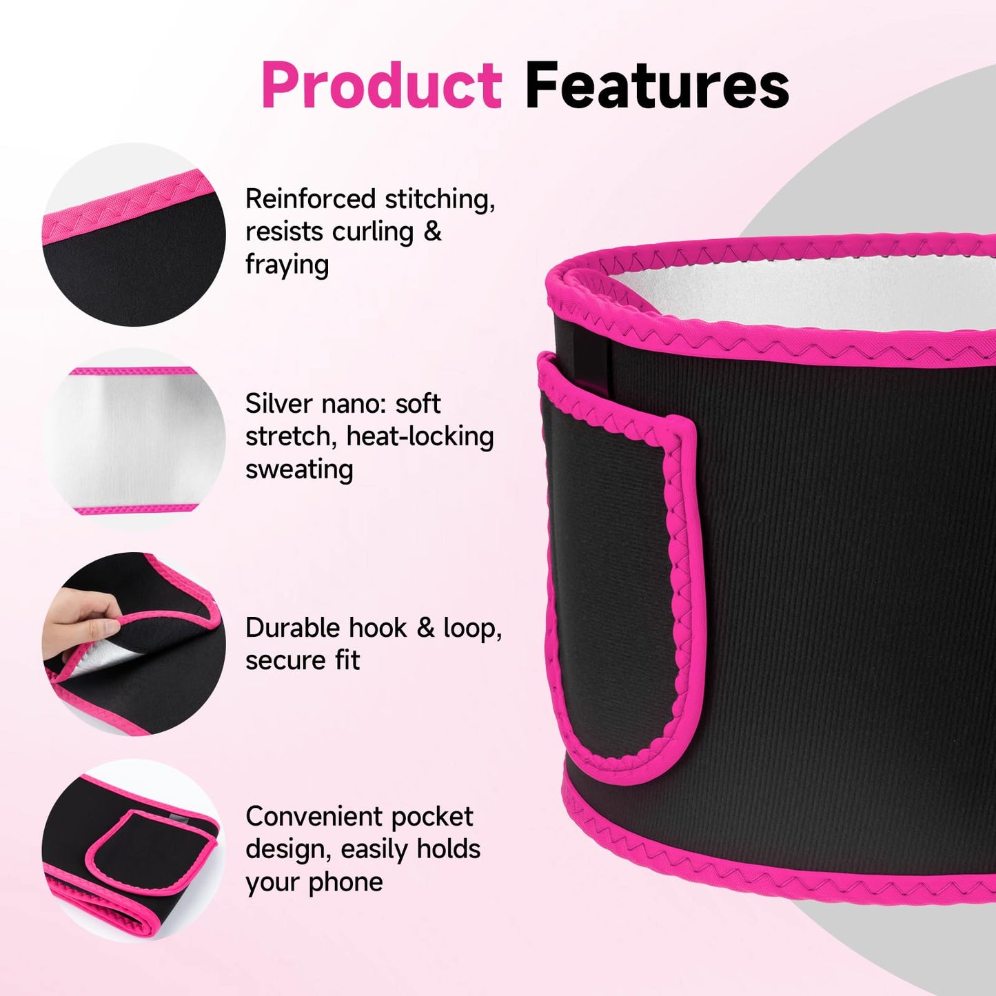 Waist Trainer for Women, Silver Nano Sweat Training Band, Adjustable Belly Wrap for Workout & Postpartum Support (Black/Pink)