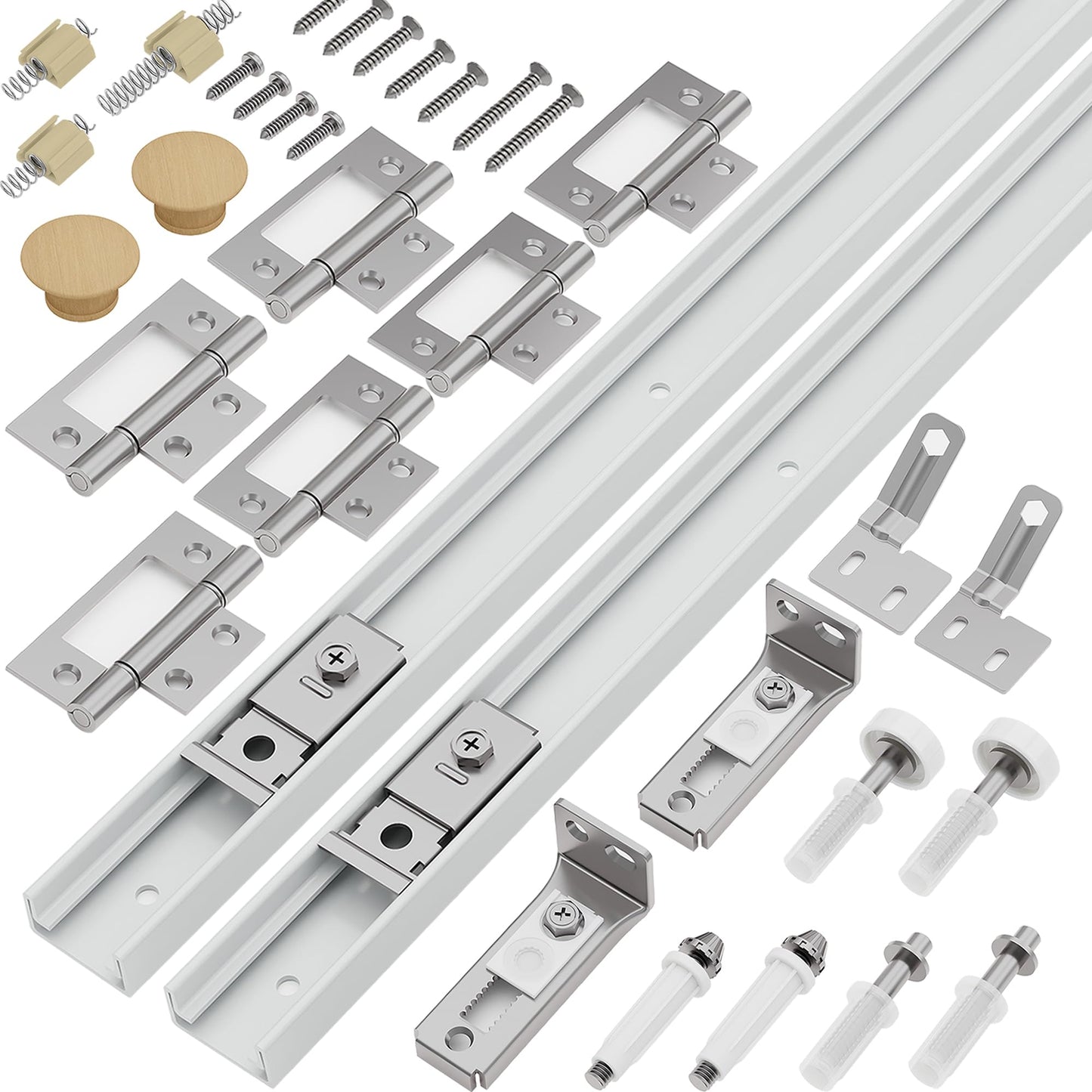 Ocyfym Closet Bifold Door Hardware & 30 Inch Track 2-Pack Kit, Combine for 60 in Door, Bi Folding Doors Puertas Repair Replacement Kit, with Rail Floor & Top Bracket Pivot Pin Guide Roller Hinge Knob