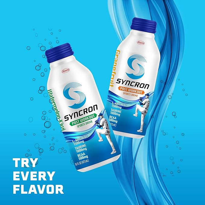 Syncron Post Workout Sports Drink Endorsed by Shohei Ohtani, Sugar Free Electrolyte Hydration, Aluminum Bottled Drink, Taurine, L Arginine & BCAAs for Athletes, Watermelon Kiwi, 6 Pack, 16 oz