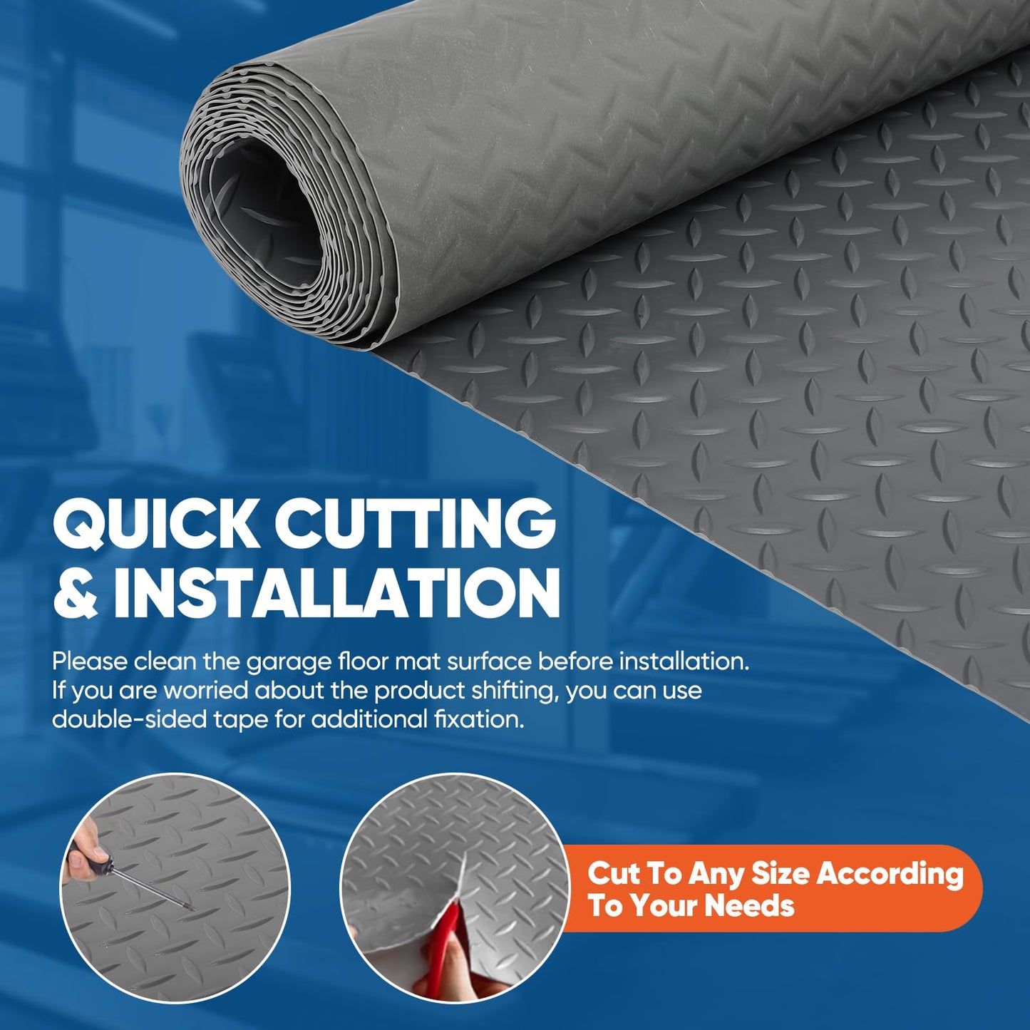 FAHKNS 7.5 x 17 FT Garage Floor Mat, Thickened Diamond Plate PVC Garage Parking Mat, Waterproof Rubber Trailer Mat Garage Tire Mats forCar, Trailer, SUV, Basement, Gym, Shed - Gray