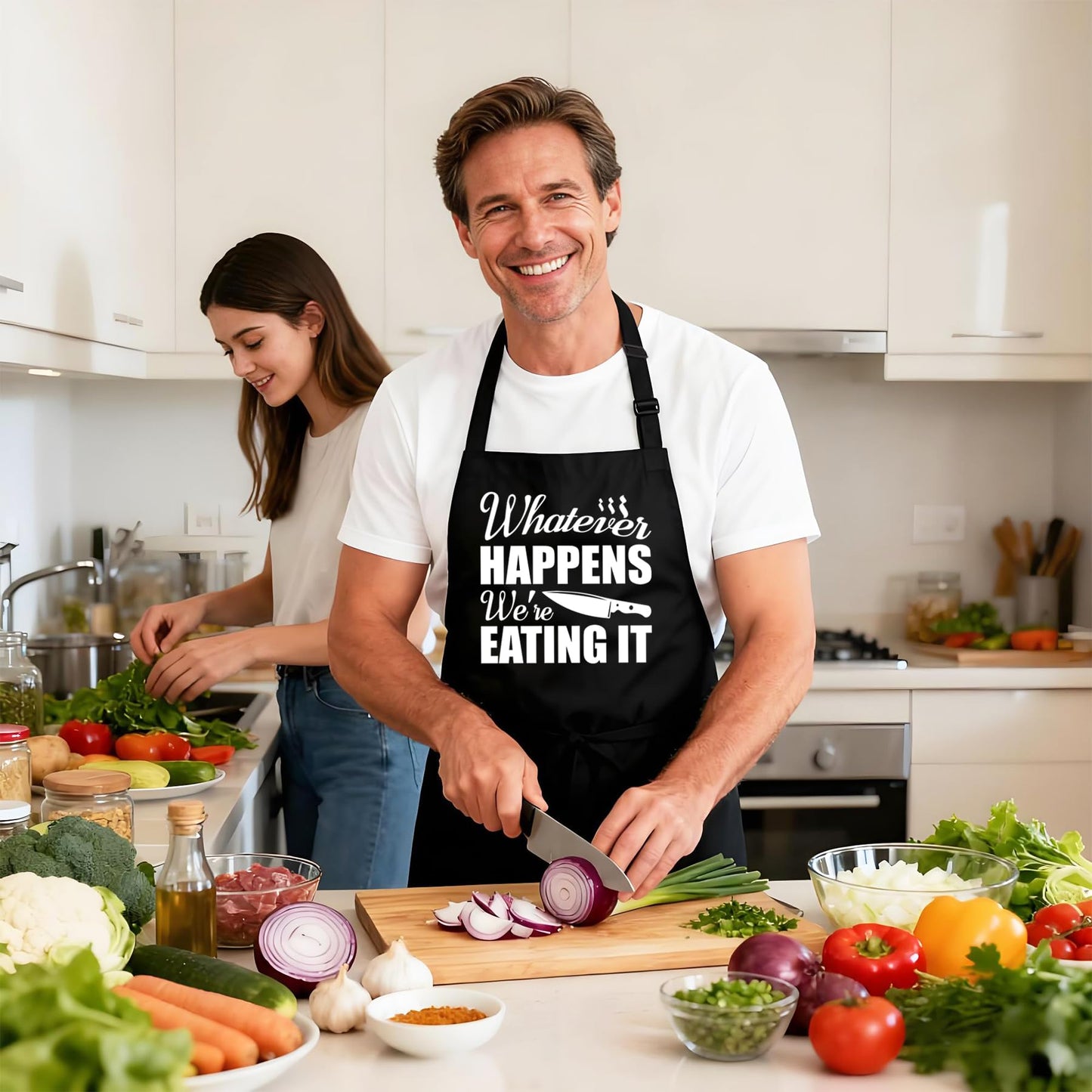 Kaidouma Funny Grill Aprons for Men - Whatever Happens We’re Eating It - Men‘s Funny Kitchen Chef Cooking Grilling BBQ Aprons with 2 Pockets - Father’s Day Birthday Christmas Gifts for Dad, Husband