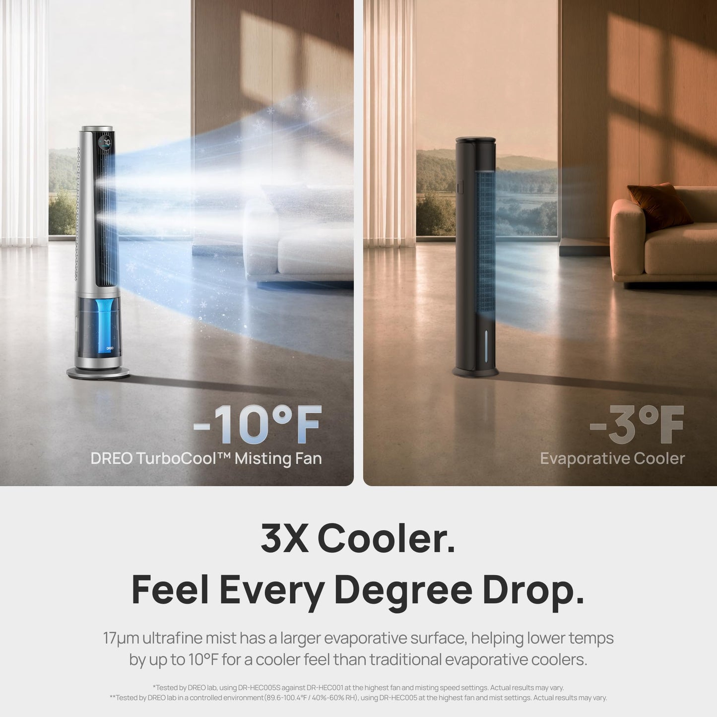 DREO TurboCool Misting Fan 765S, Fans that Blow Cold Air, 10°F Cooling, 34ft/s Fast Evaporative Air Cooler, 6L Tank, 20 dB Quiet DC Motor, 90° Tower Fan with 12 Speeds, 4 Modes for Home, Silver