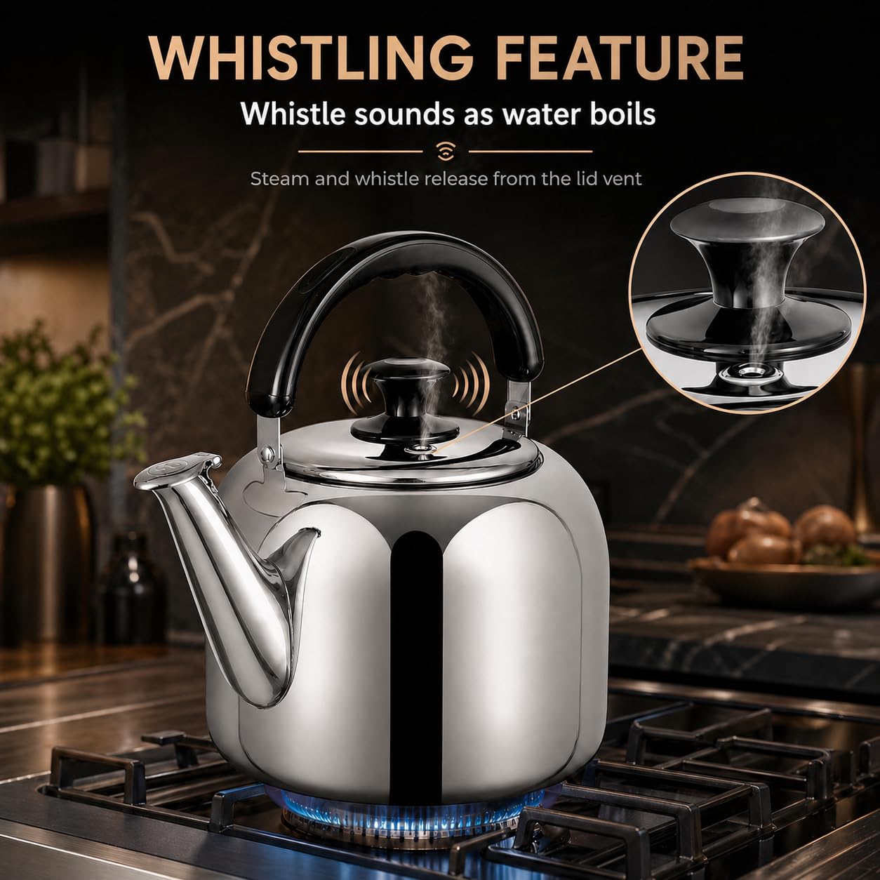 Whistling Stovetop Tea Kettle,Food Grade 316 Stainless Steel,Hot Water Fast to Boil,Stovetop Kettle with Ergonomic Handle,5.3 Quart Capacity