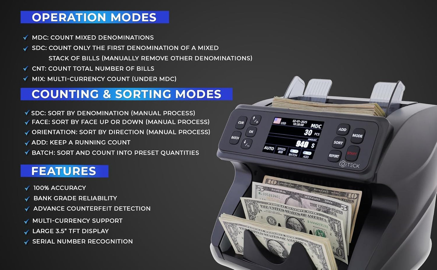 DETECK DETECK DT600 Bank Grade Money Counter Machine Mixed Denomination, Multi Currency Value Counting Money Machine, Serial Number, 2CIS/UV/IR/MG/MT Counterfeit Detection with DT50P Printer
