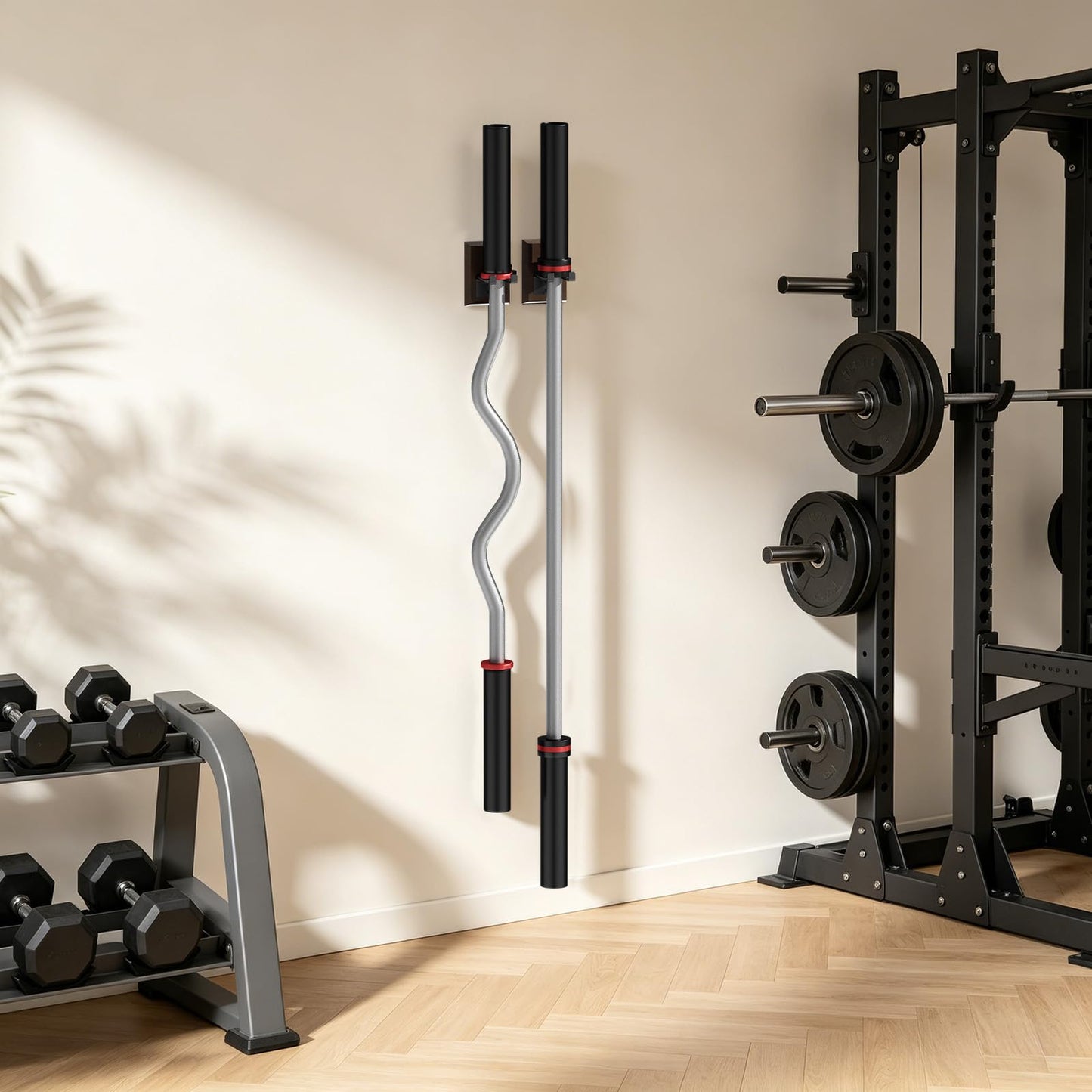 DEMEGA Barbell Wall Mount, Olympic Barbell Holder for Garage Gym, Vertical Bar Rack with Wooden Spacer Pad - Black Powder Coated Iron & Rubber Wood Base, Anti-Scratch Wall Protection & Extra Stability on Uneven Walls - Space Saving Home Gym Accessory, Bar