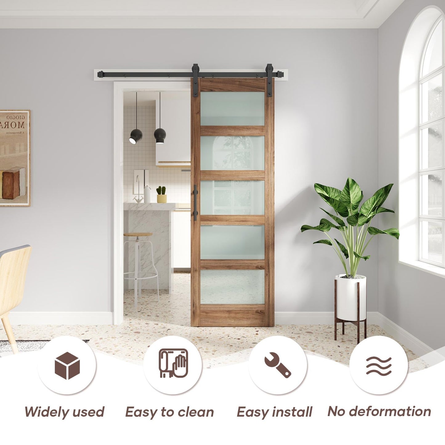 FREDBECK 30in x 80in inch Glass Barn Door with 5.5FT Barn Door Hardware Kit with Handle Included,5-Panel Frosted Glass,Wood Panel,Water-Proof Surface,Need Assembly…