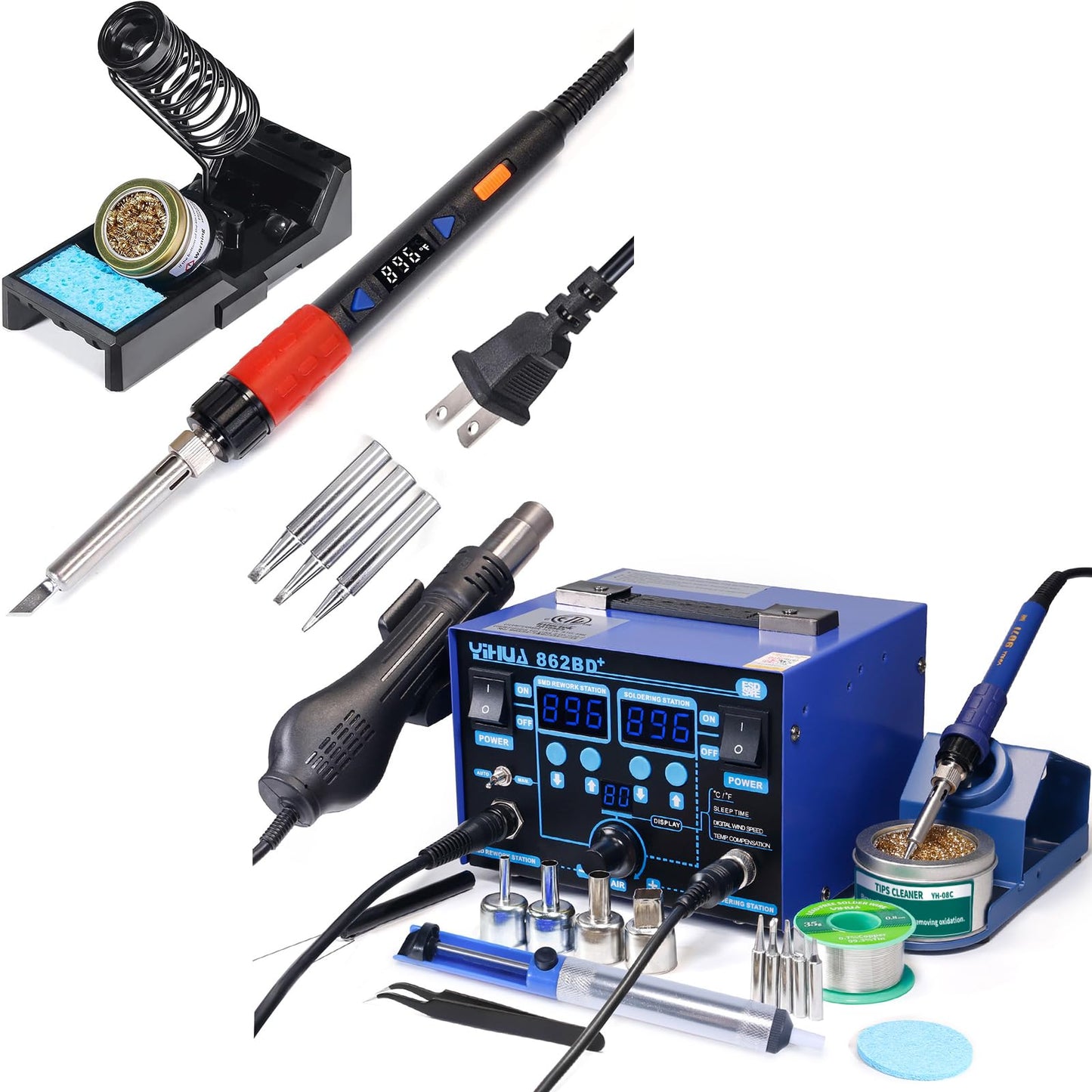 YIHUA 862BD+ Professional Soldering & Rework Station bundle with YIHUA 928D-III High Power Soldering Iron as Secondary/Backup Iron Holder, Soldering Cleaning Kit, and Accessories (24 Items)