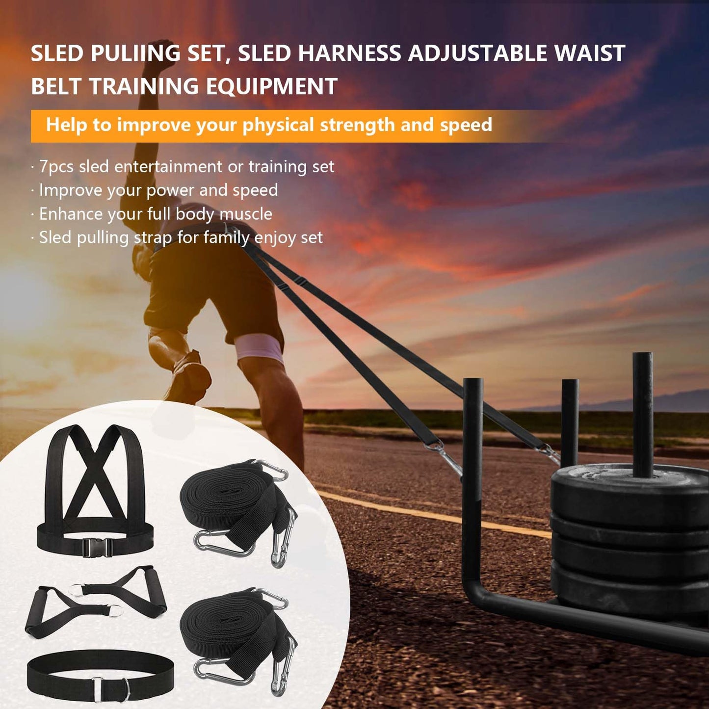 Tuyzhrymlic Sled Harness for Pulling, 6pcs Adjustable Shoulder Belt with 2 Rope 6.6ft and 9.8ft Push Equipment for Outdoor Indoor Full Body Workout to Improve Strength Agility Focus Men and Women