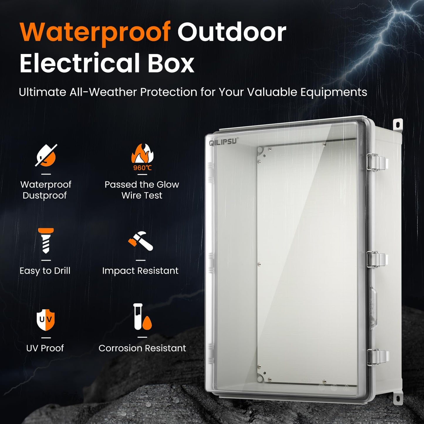 QILIPSU UL94-V0 Outdoor Electrical Box 24.2"x16.4"x9.1" Waterproof Junction Box Weatherproof PC/ABS Alloy Plastic IP66 Project Electric Enclosure Clear Hinged Door
