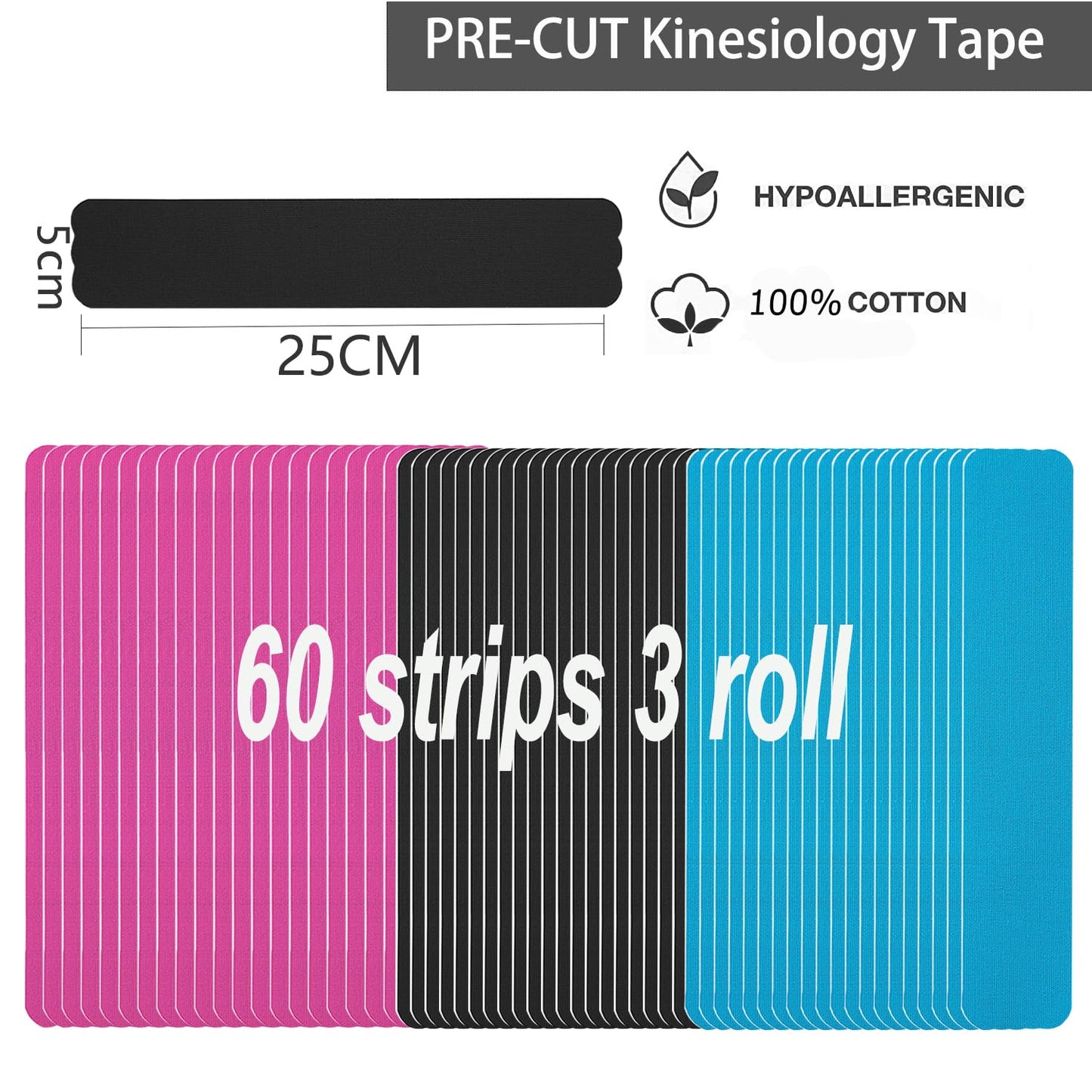 Kinesiology Tape Precut Strips Pro Athletic (3 Rolls,60 Strips) Original Cotton Waterproof Breathable Latex Free Tape for Muscle Pain Relief and Joint Support Elastic Sports Activities Tapes (Mix)