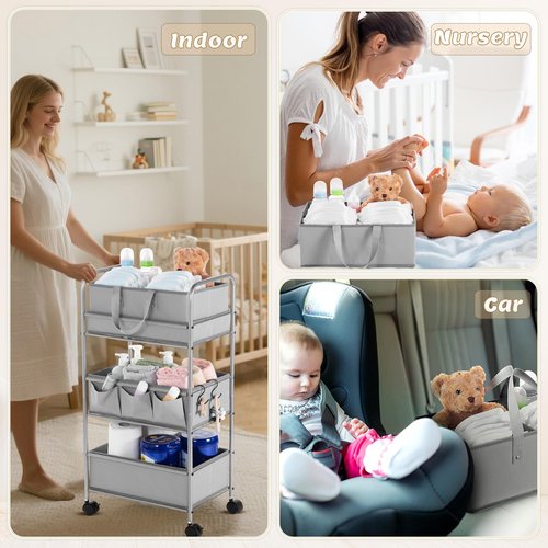 Honeydak 2in1 Baby Diaper Caddy Organizer Cart 3 Tier Large Capacity Metal Utility Bedside Rolling Cart with Divider Newborn Registry Nursery Essential Must Have Crib Bedroom Baby Shower(Gray)