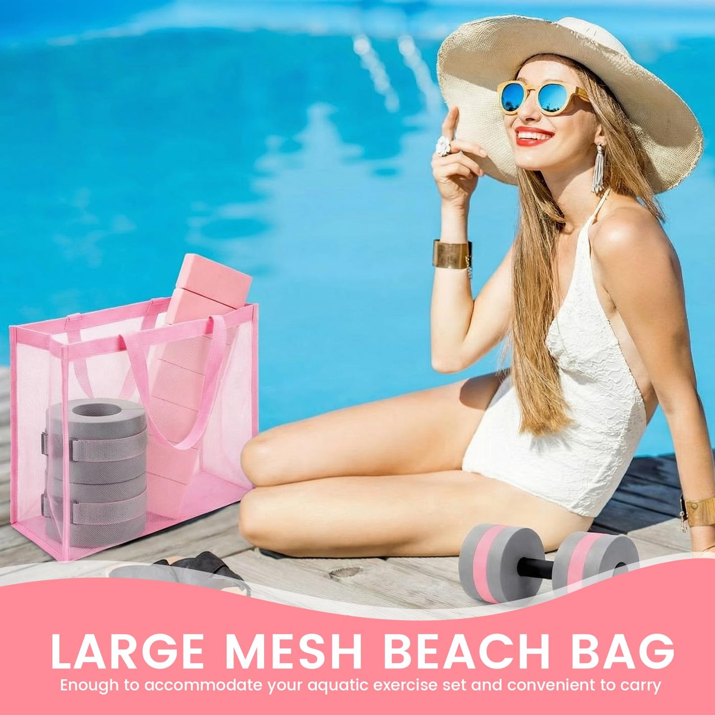 WinnerWhy 6 Pcs Aquatic Exercise Set Water Aerobics Set Large Mesh Beach Bag Pool Fitness Equipment Foam Water Dumbbell Ankle Swimming Weight Aquatic Swim Belt for Exercise Weight Loss(Grey Pink)
