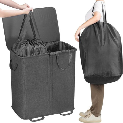 Lifewit Double Laundry Hamper - Large Collapsible Basket with Lid & Removable Bags | 136L Black