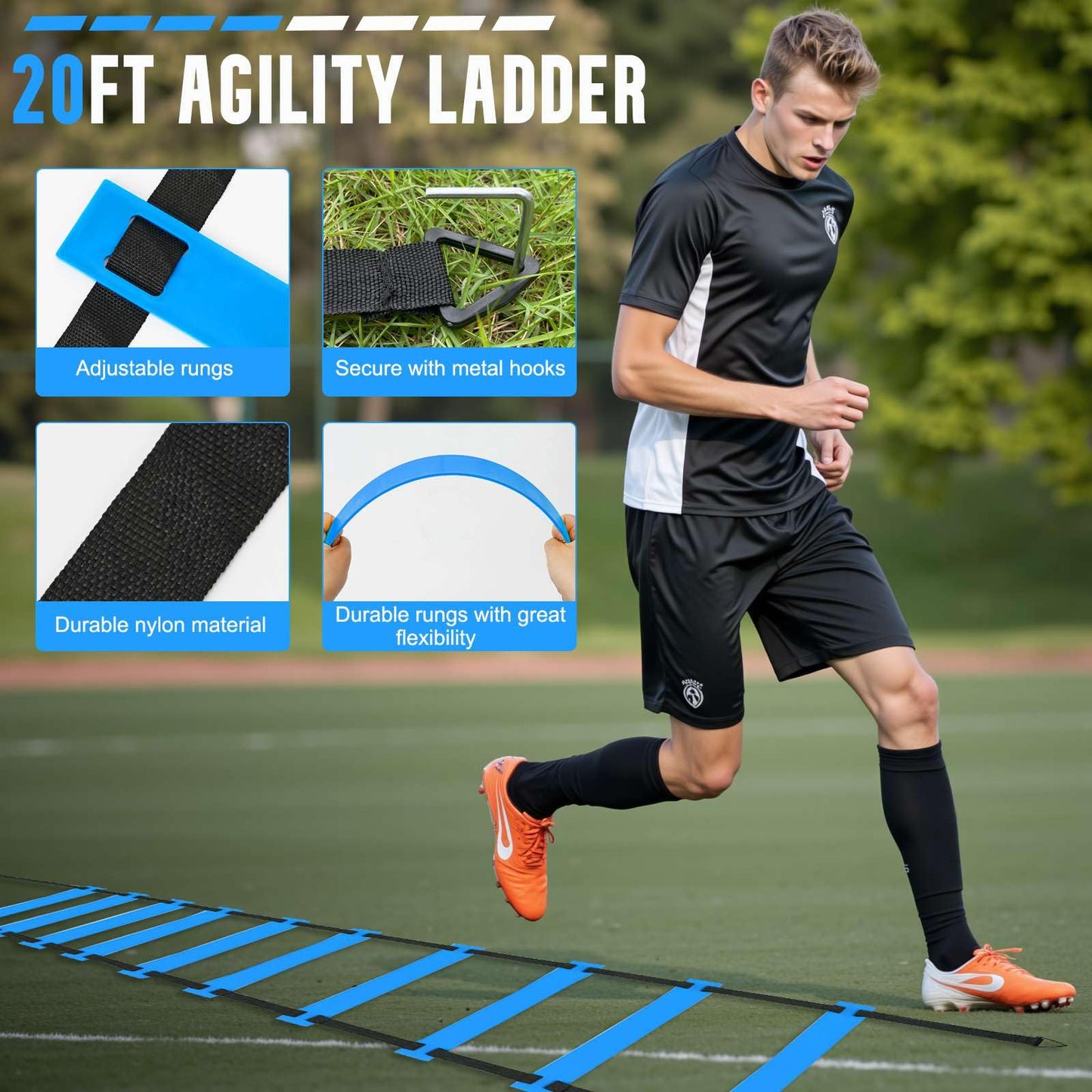 YGORTECH Agility Ladder, Soccer Training Equipment Set, 4 Agility Hurdles, 20ft Speed Ladder, Running Parachute, 12 Football Cones, Jump Rope | Soccer Basketball Athletes Speed Training Blue