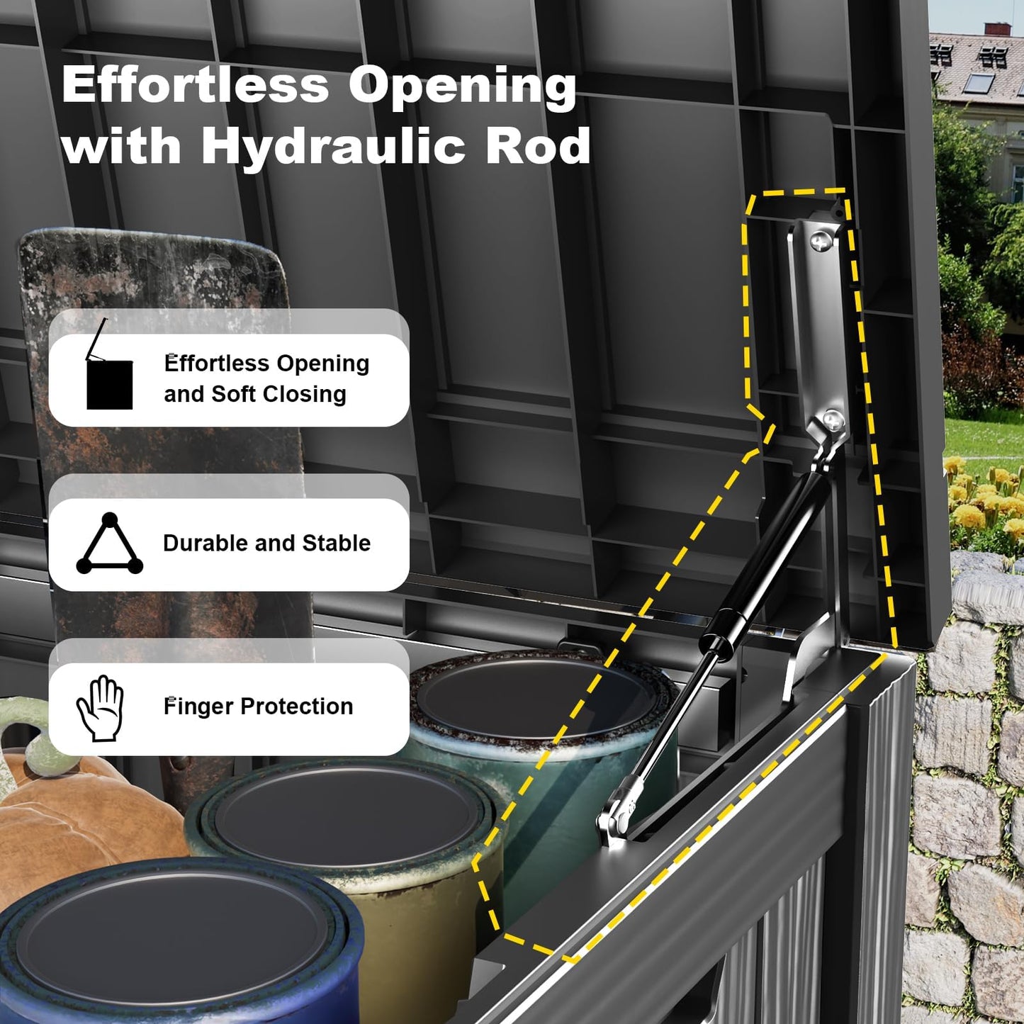 KFY 150 Gallon Large Outdoor Storage Box Waterproof, UV Resistant Resin Deck Box with Hydraulic Rod & Lockable Latch for Patio Furniture, Outside Storage Box for Garden Tools, Patio Cushions, Black