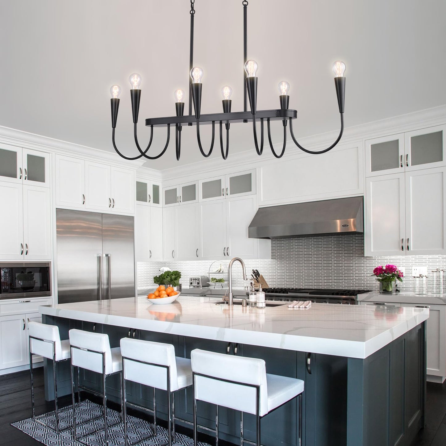 Fang Yan Mei 48 Inch Black Industrial Chandelier, 8-Light Linear Farmhouse Dining Room Ceiling Light for Kitchen Island, Adjustable Hanging Chain, E26 Bulb Base (Bulbs Not Included)