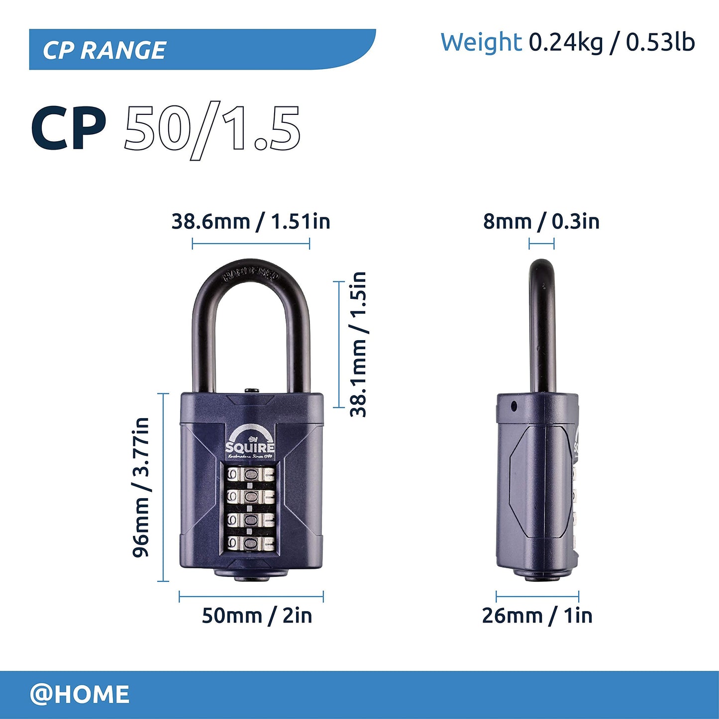 Squire Combination Padlock. Weatherproof Hardened Steel Shackle Recodable Padlock. (4 Wheel - 50mm Long Shackle (1.5"))