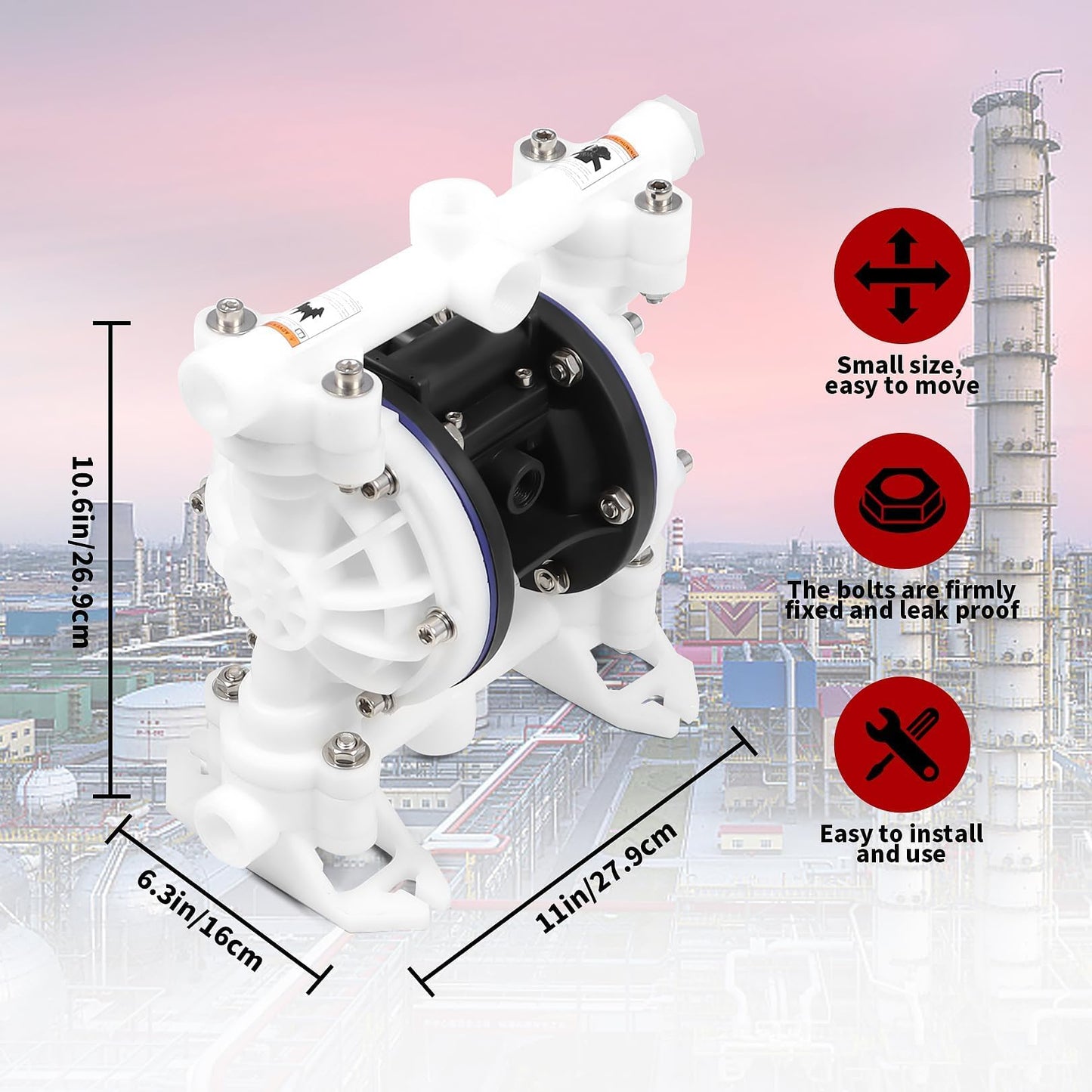 Nakkaa Pneumatic Double Diaphragm Pump PTFE 8.8GPM Transfer Pump 1/2" In/Out Max 120PSI, Used to Transport Various Low Viscosity Liquids Such as Hydraulic Fluid, diesel, coating,etc