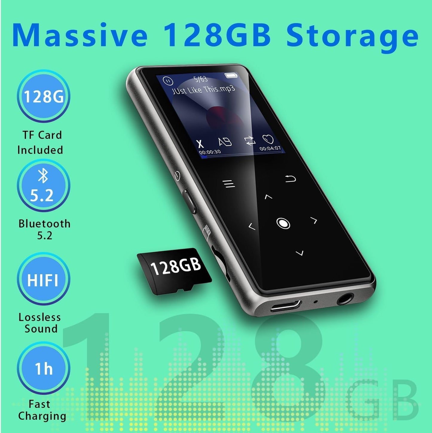AiMoonsa 128GB MP3 5.2, Player with Bluetooth Music Player with Built-in HD Speaker, FM Radio, Voice Recorder, HiFi