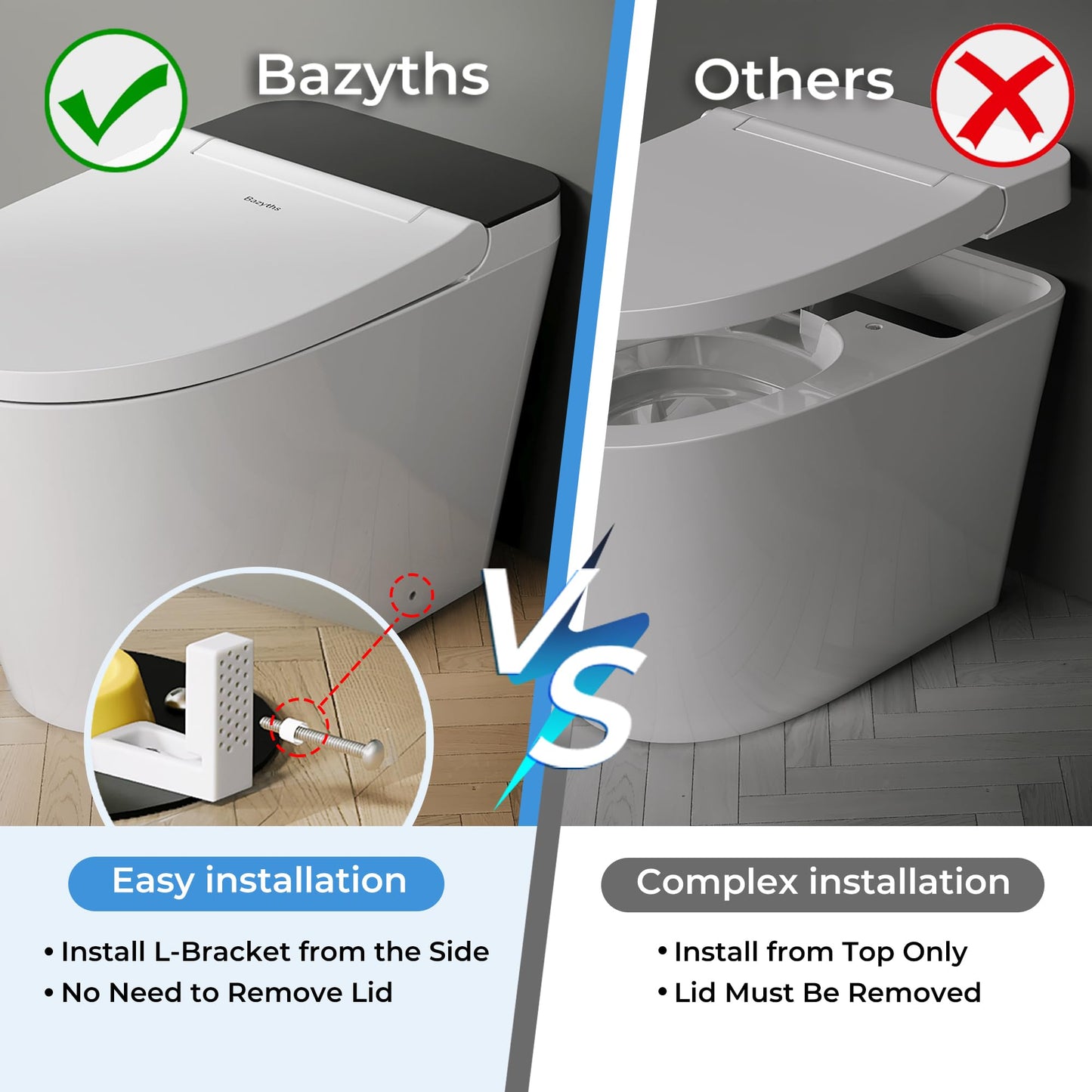 Bazyths Luxury Smart Toilet with Built-in Tank & Bidet– Ultra-Quiet 4s Flush, Foam Shield for Splash-Free, Auto Open/Close Lid, Foot Sensor, Dual User Memory, 12” Rough-In One-Piece Elongated(ZY760A)