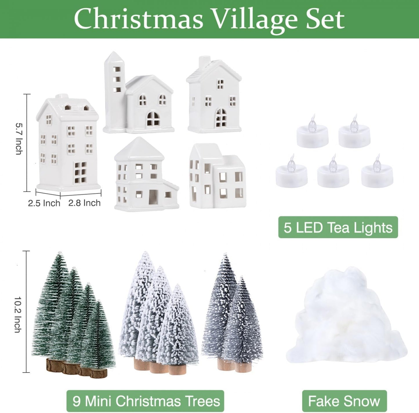 Regine Switzerland Ceramic Christmas Village Houses Set - 5 White Houses, 9 Trees & Fake Snow for Festive Home Decor