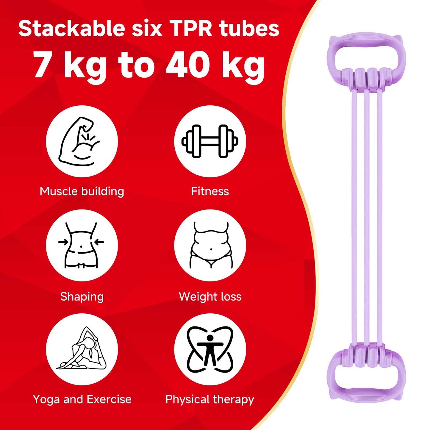 XLMABZ 6 Gear Adjustable Resistance Bands, Fitness Resistance Bands Exercise Bands with Comfort Grips, Unisex, for Arms, Chest Extender, Home Workout, Fitness, Pilates (Purple)