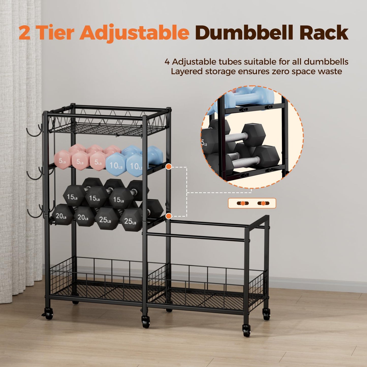 HavenlyYouth 4-Tier Weight Rack Storage for Home Gym, Adjustable Dumbbell Stand Organizer with Wheels, Holds Dumbbells, Kettlebells, Yoga Mats, Fitness Equipment & Workout Accessories