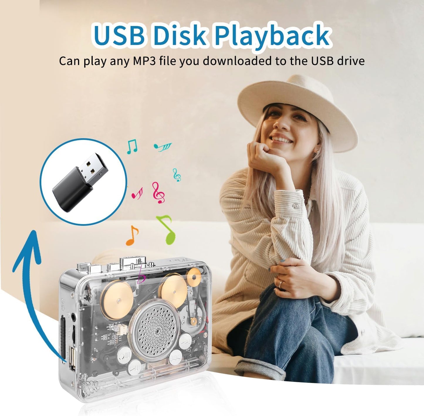 Cassette MP3 Portable Clear Stereo Auto Reverse PlayerConvert Tapes to Format via USB ConverterBuilt-in Cool Copper