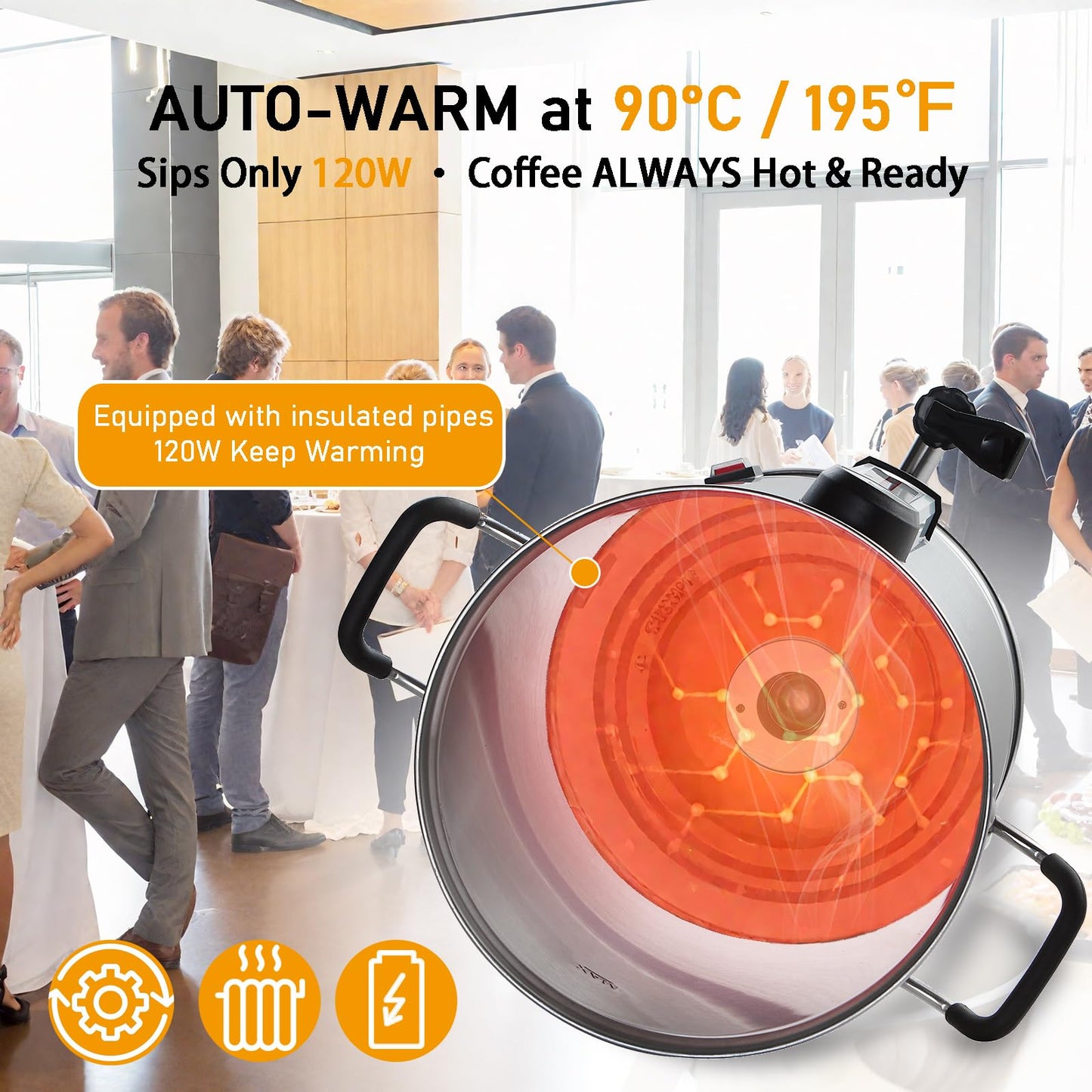 Fattong's Lab Commercial Coffee Urn, 120 Cup/20L Large Coffee Maker for Catering & Events, Stainless Steel Percolator, 1300W Quick Brew Hot Water Dispenser with Double Wall Insulation, Silver