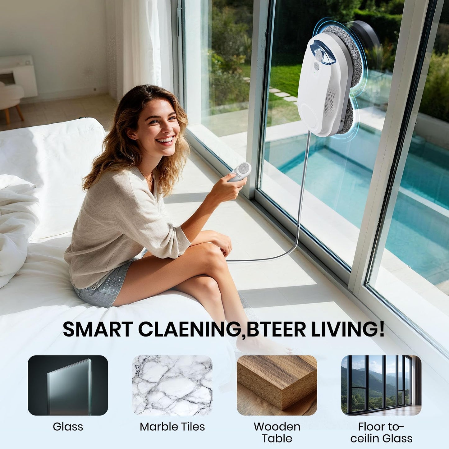 KKI Window Cleaning Robot, Auto Window Cleaner Robot, Dual Spray, Max 3200Pa, AI Path Planning & Edge Detection, Remote Control for Inside/Outside High-Rise Windows,Glass Door,8Cloths, X3 (White)