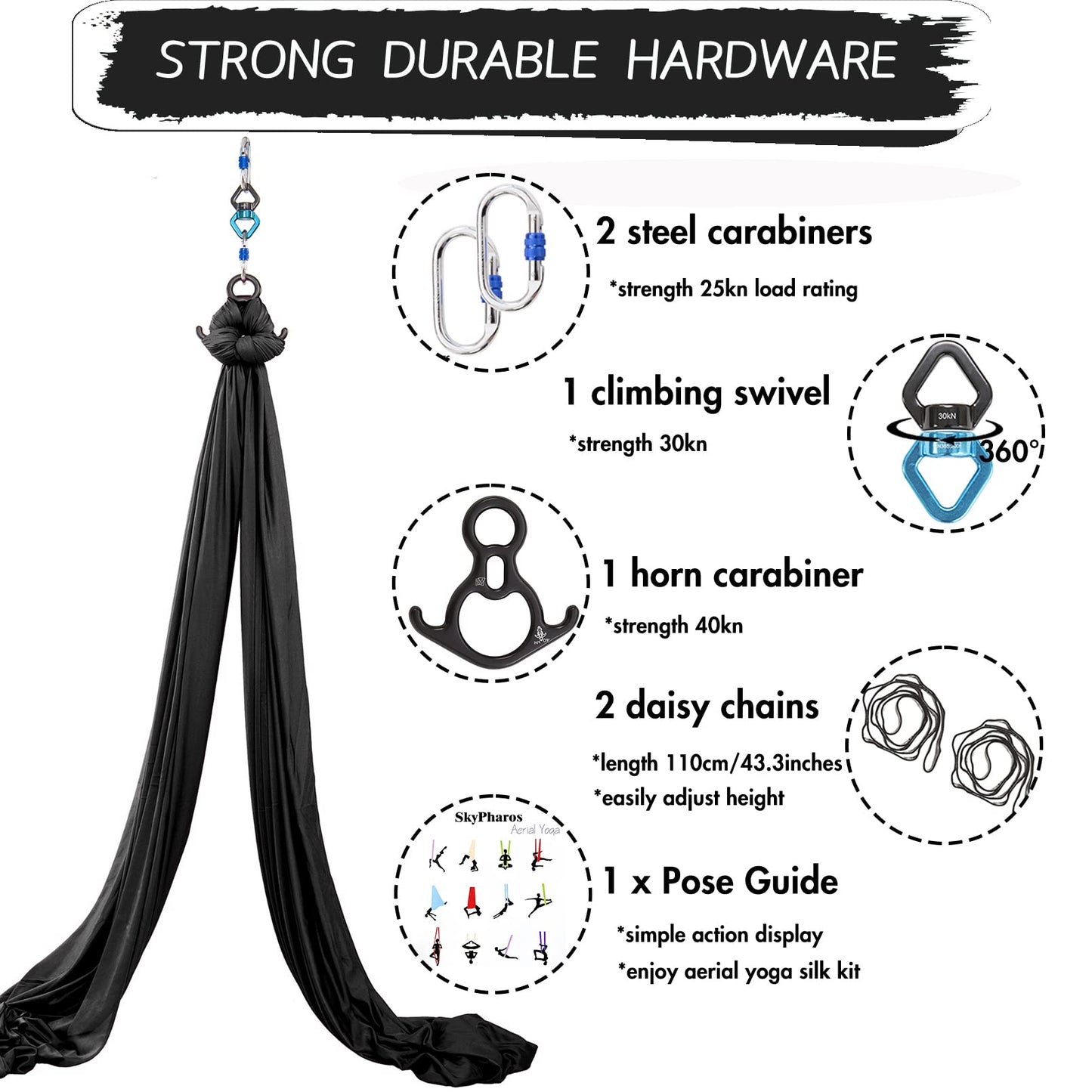 SKYPHAROS 11 Yards Aerial Silks Yoga Swing Set - Aerial Yoga Hammock Kit Anti-Gravity Flying for Fitness, Low/Non Stretch Nylon Tricot Fabric Hardware Included for Dance