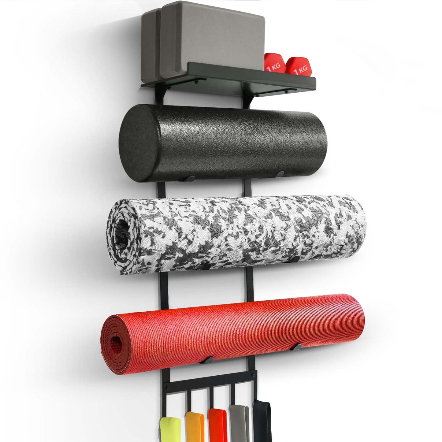 Yoga Mat Holder Wall Mount, Home Gym Storage Rack with Top Floating Shelf, 4-Tiers Holding Yoga Mat/ Blocks/ Rollers and Decorations, 5 Hooks for Resistance Bands, Skipping-Rope, Small Gym Equipment