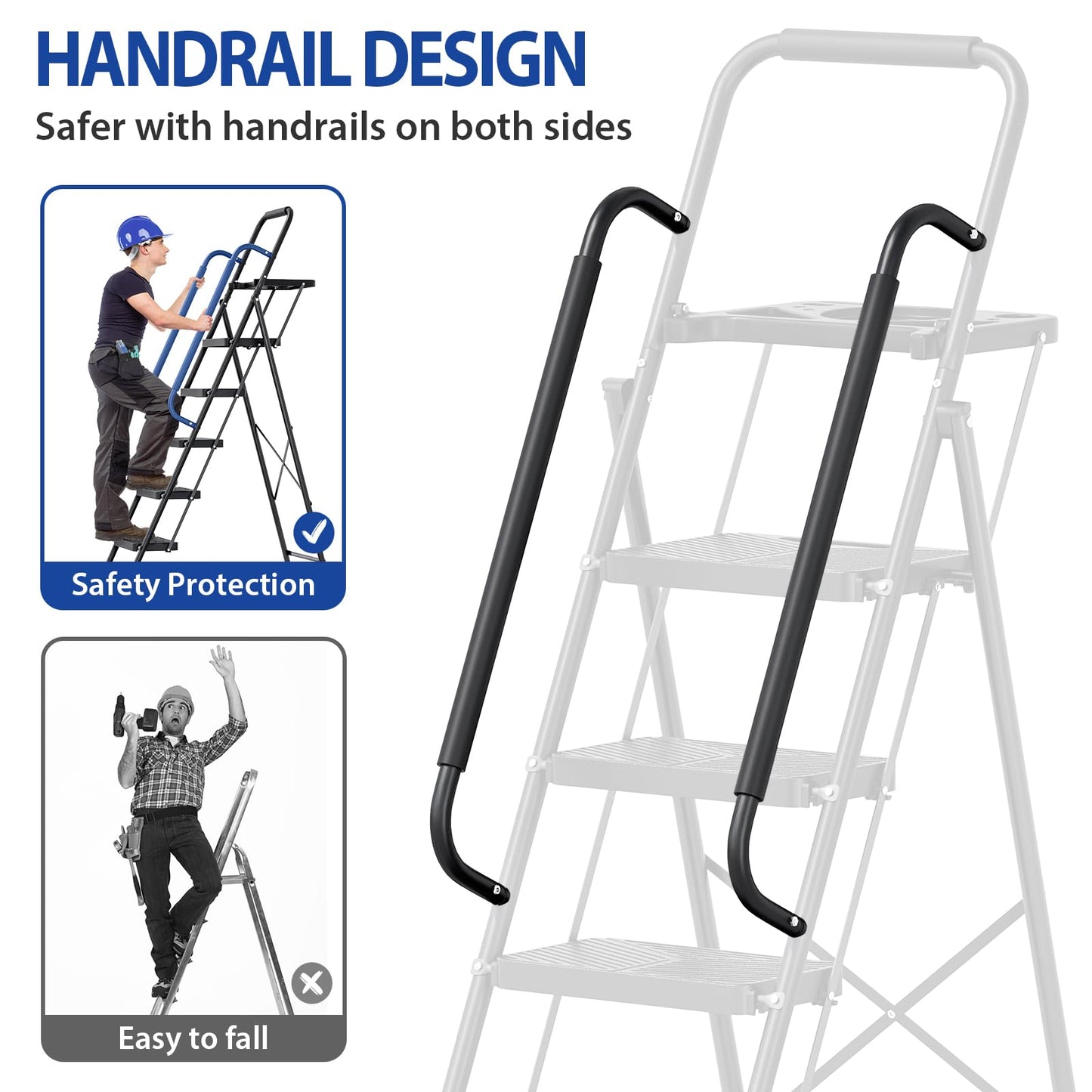 KINGRACK 5 Step Ladder, Folding Step Stool with Safe-Lock Design, 500 lbs Sturdy Steel Ladder with Tool Platform, Wide Anti-Slip Pedal, Convenient Handrail for Household and Kitchen, Black
