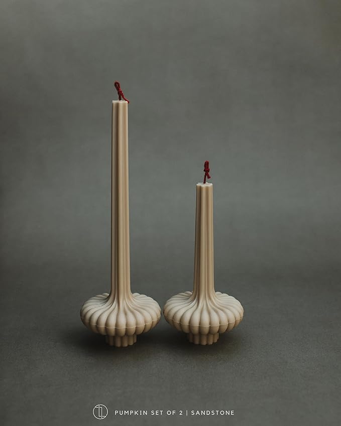 LAWA Set of 2 Pumpkin Base Candle - Beautiful Handmade Pillar Unscented Soy Wax Elegant Aesthetic Vase Candle Housewarming Gift Home Room Shelf Decor Idea Sandstone