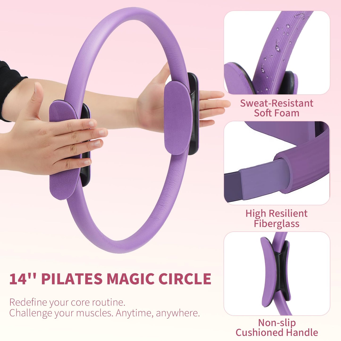 FITOUNOS Pilates Ring Set for Women, Home Workout Pilates Equipment with Resistance Bands, 14'' Magic Circle, Mini Ball, Pilates Starter Kit for Strength (Purple)