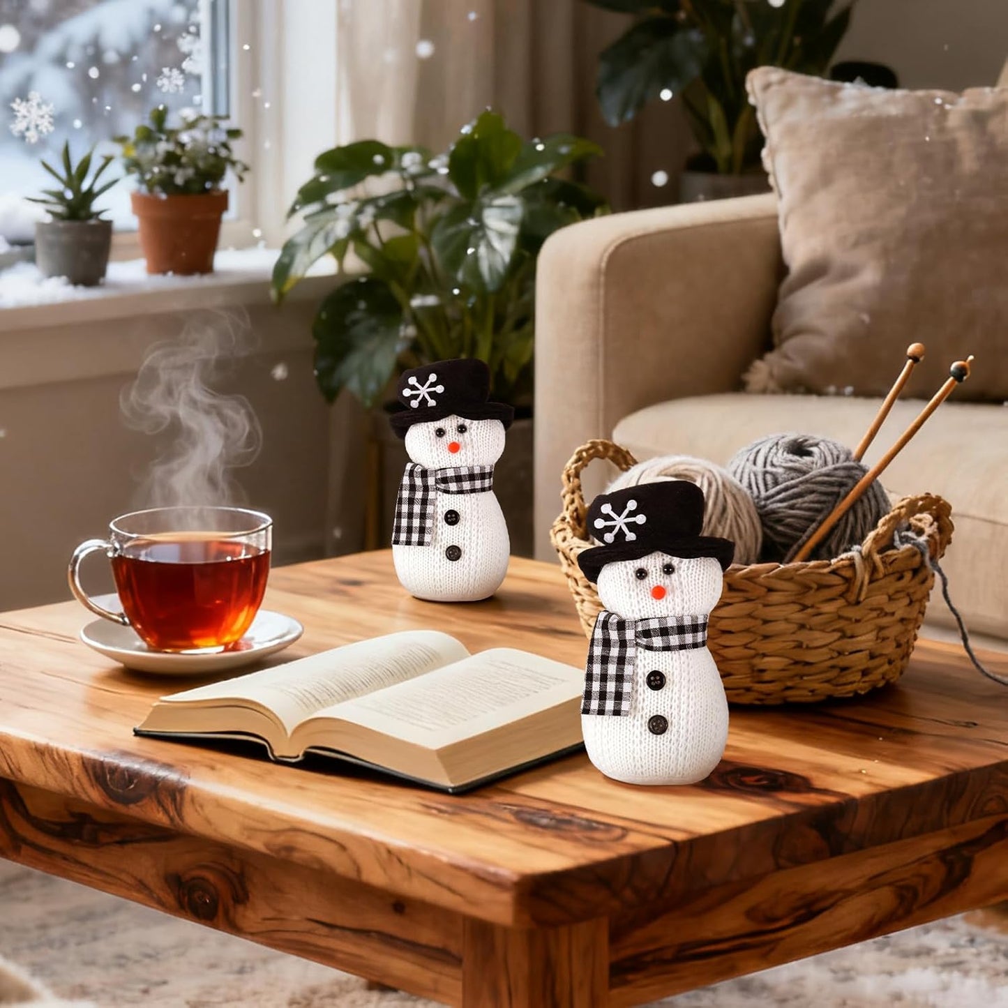 SmoothNovelty Snowman Plush Toys - 6'' Winter Figurines with Checkered Scarf | Holiday Table Decor